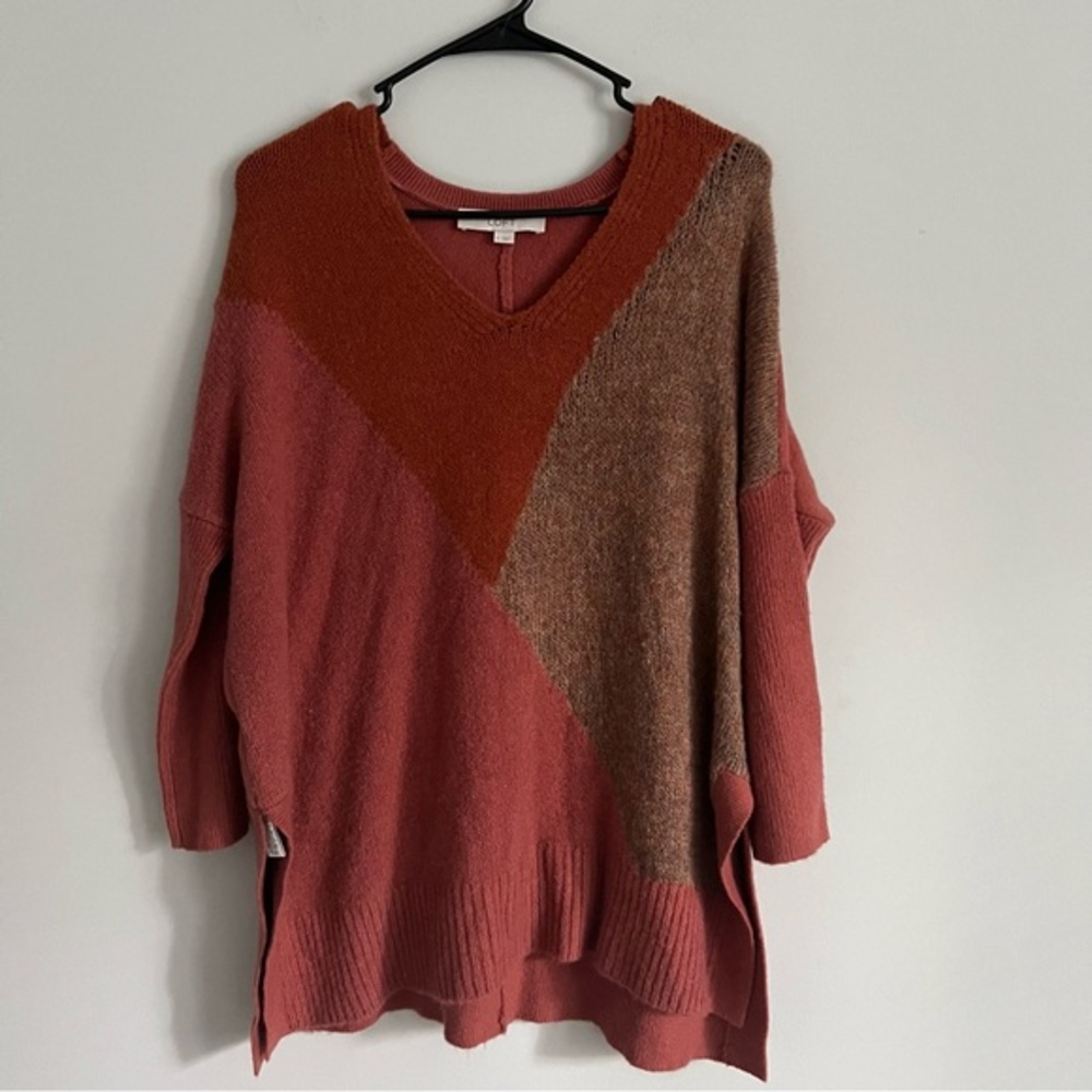 LOFT Fall Spicy Cinnamon Color Block V Neck Wool Blend Sweater